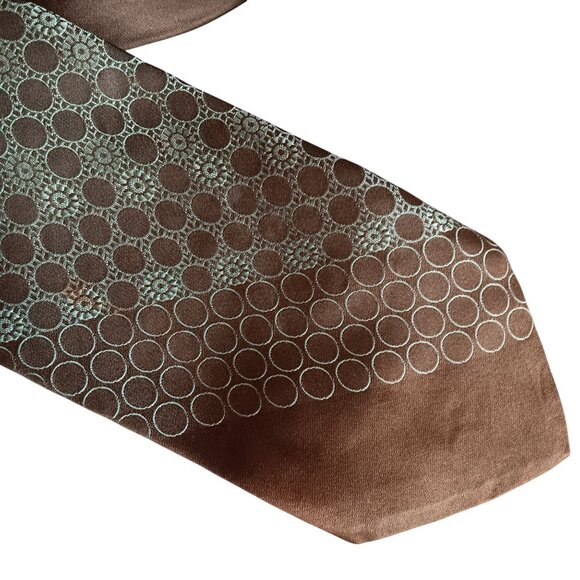 Vintage Silk Brown Tie With Teal Circle Pattern All Silk Mens 58" 3.5" wide - Picture 2 of 3
